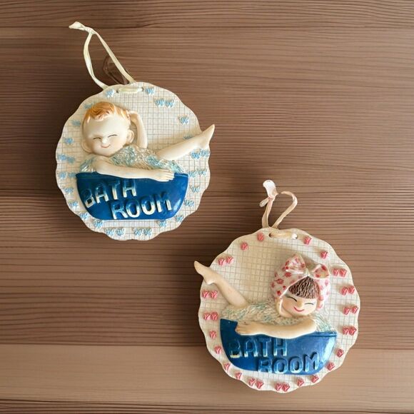 Ceramic Daniel Brand Set Of Two 4’ Sign Vintage Boy/Girl in Bubble Bath - Picture 1 of 8